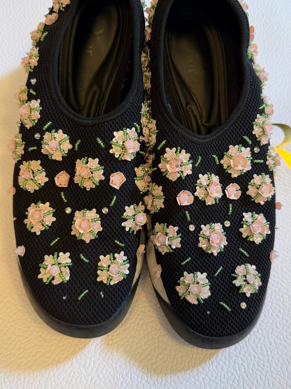 Dior Black Slip-On Sneakers with Pink Floral Embellishments